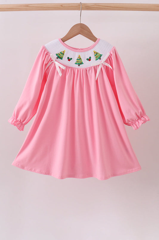 Pink christmas tree smocked ruffle dress