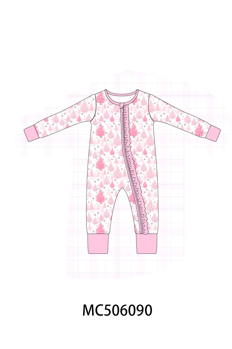 Pink christmas tree bamboo ruffle zipper romper