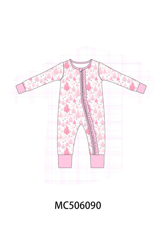 Pink christmas tree bamboo ruffle zipper romper