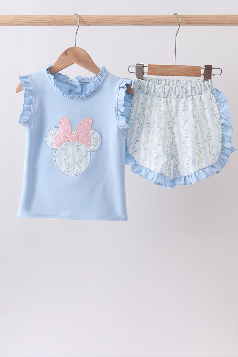Blue character applique ruffle shorts set