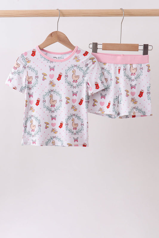 Pink goose strawberry bow bamboo pajama set