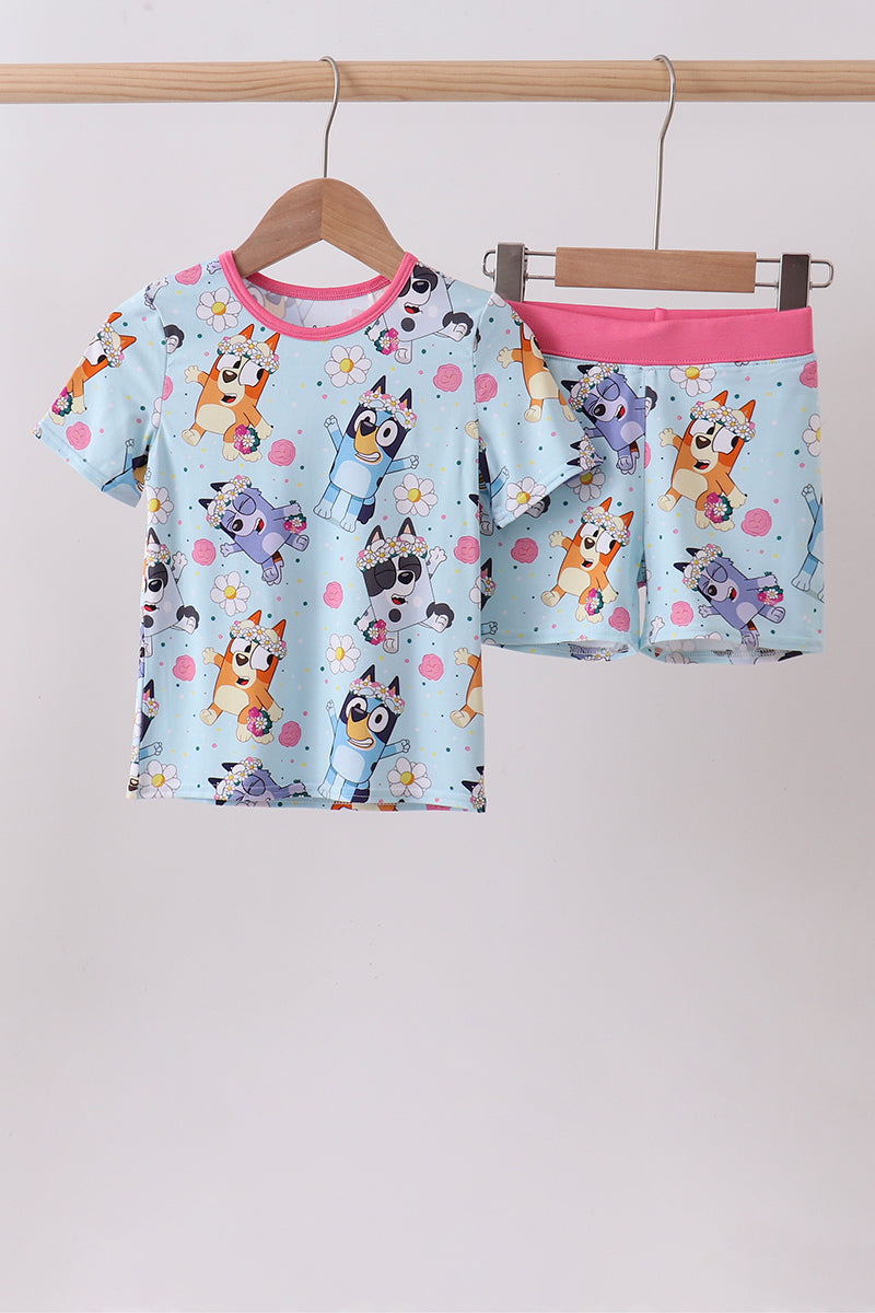 Blue character floral bamboo pajama set