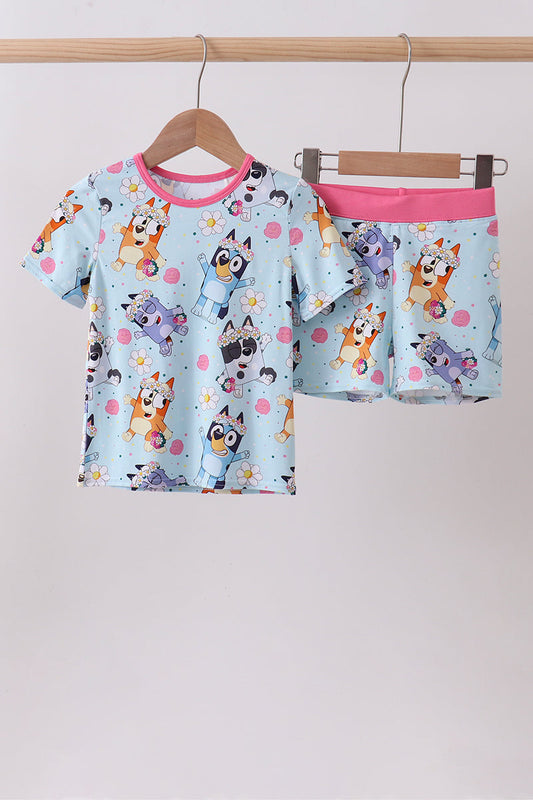 Blue character floral bamboo pajama set