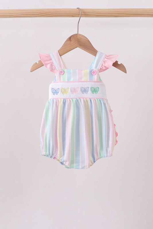 Rainbow stripe butterfly smocked ruffle bubble