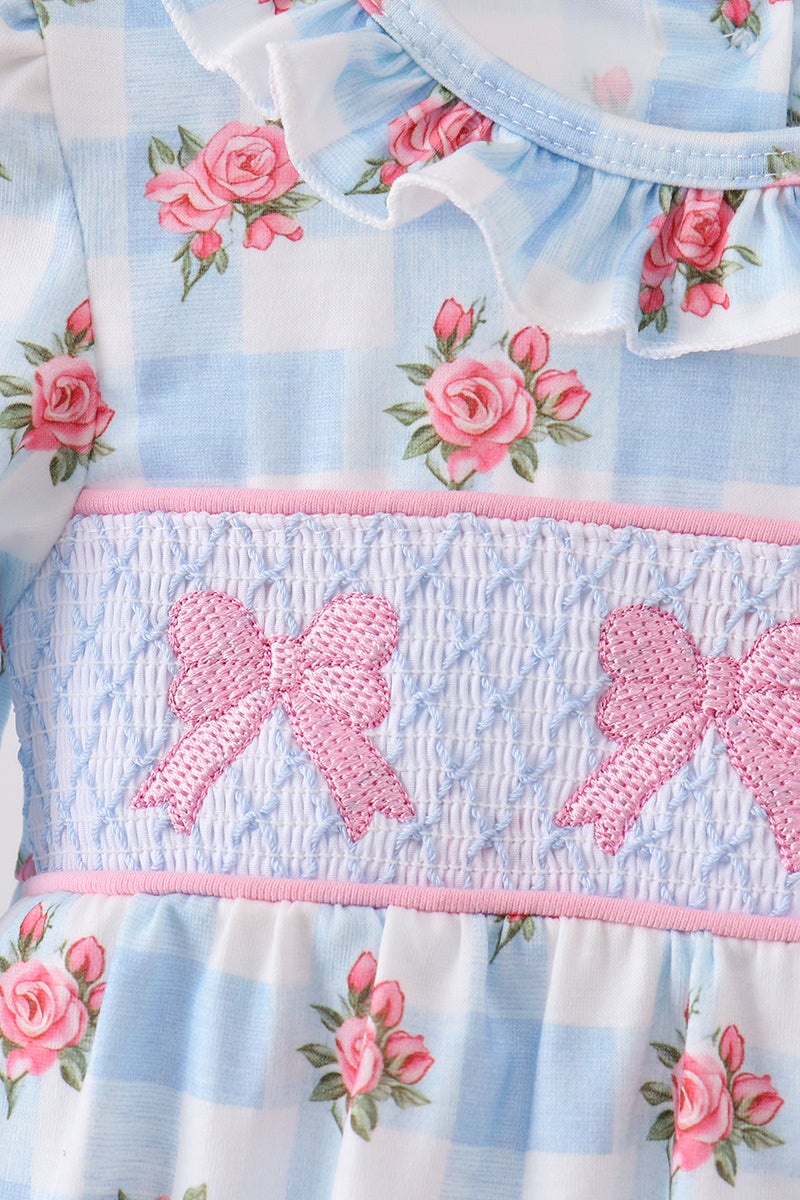 Blue Bow Smocked Floral Gingham Bubble