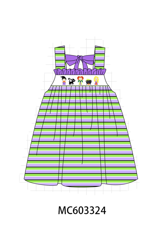 Purple witch embroidery bow stripe dress
