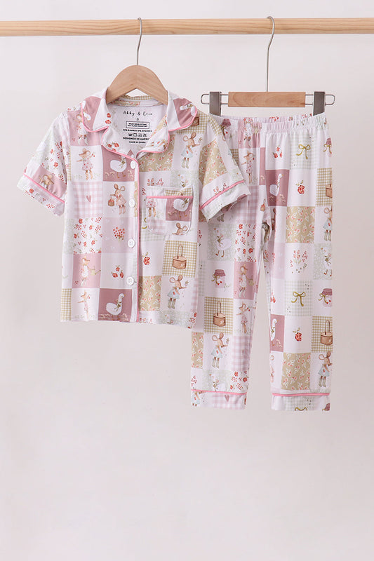 Pink Goose Bow Checkered Bamboo Pajama Set
