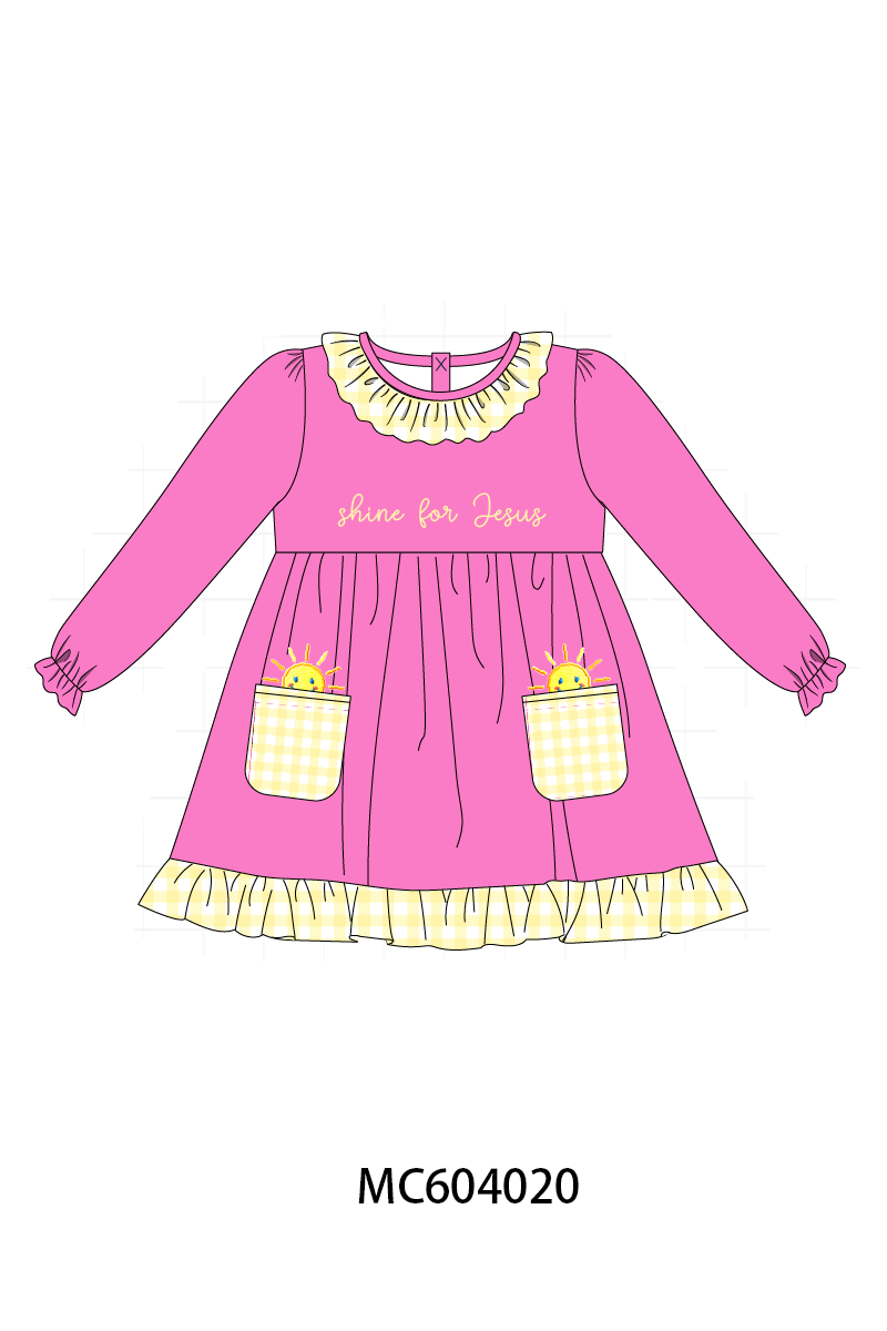 Pink shine for jesus embroidery pocket ruffle dress