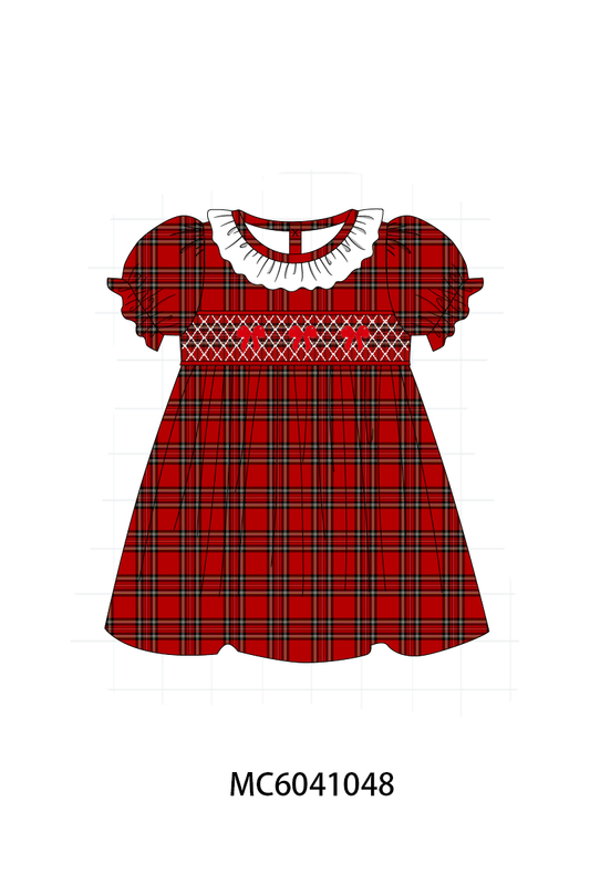 Red Plaid Bow Smocked Ruffe Dress