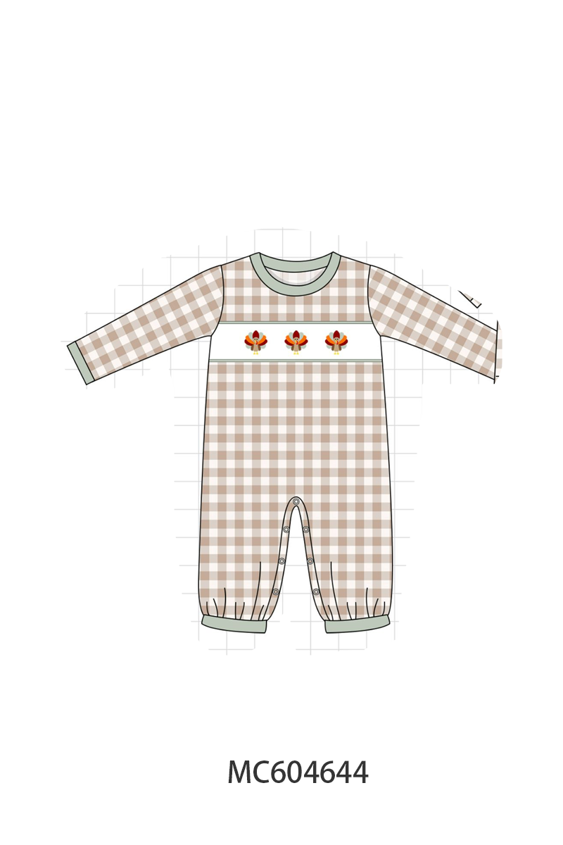 Brown turkey embroidery gingham romper