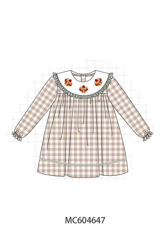 Brown turkey embroidery gingham ruffle dress