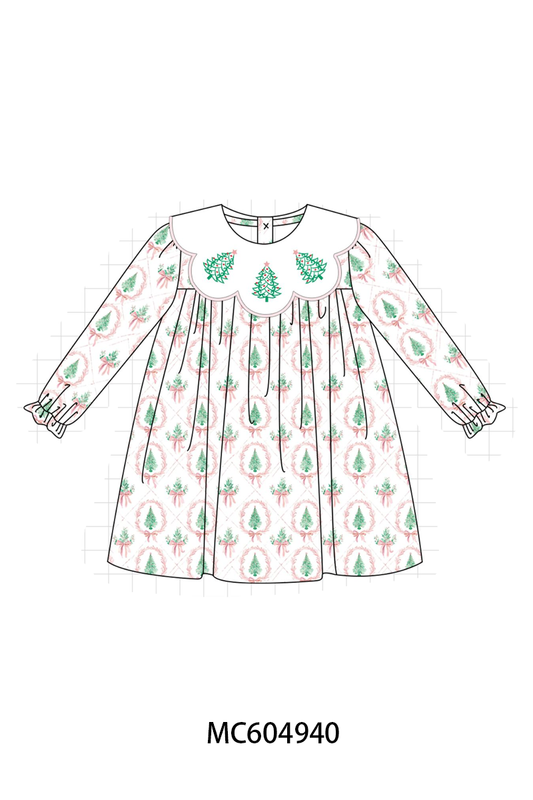 Pink Christmas Tree Embroidery Dress