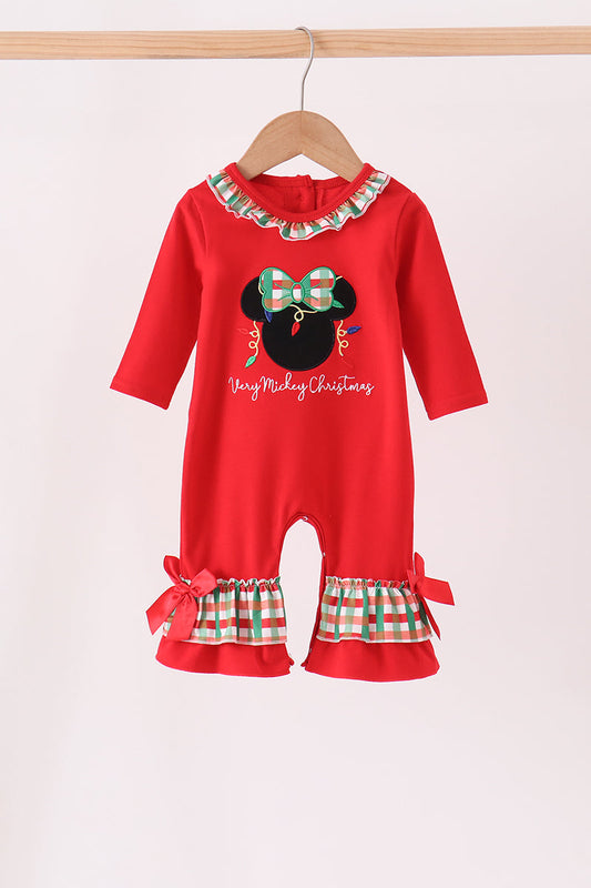 Red christmas character applique ruffle romper