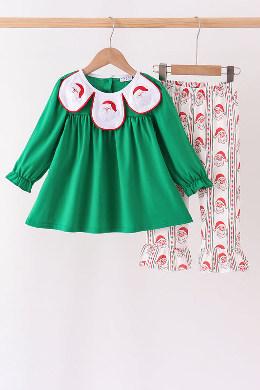 Green Santa Embroidery Ruffle Pants Set