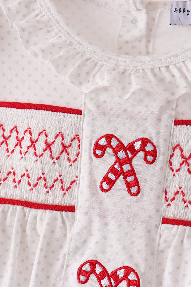 White Candy Cane Smocked polka dot Bloomer Set
