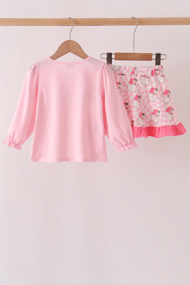 Pink Santa French Knot Ruffle Skorts Set