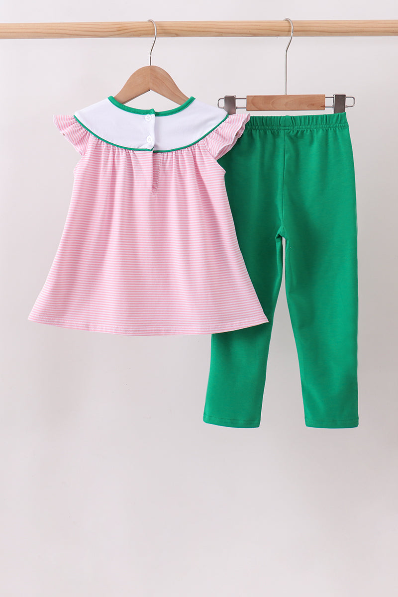 Pink stripe duck embroidery ruffle pants set