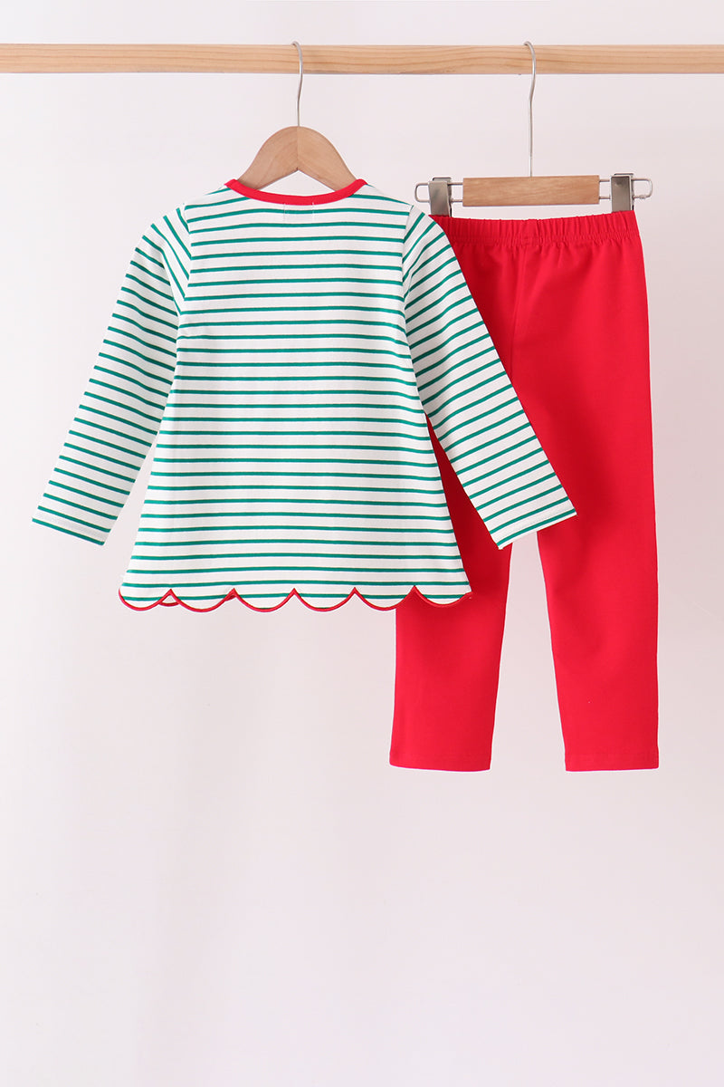 Green stripe gingerbread embroidery scalloped pants set