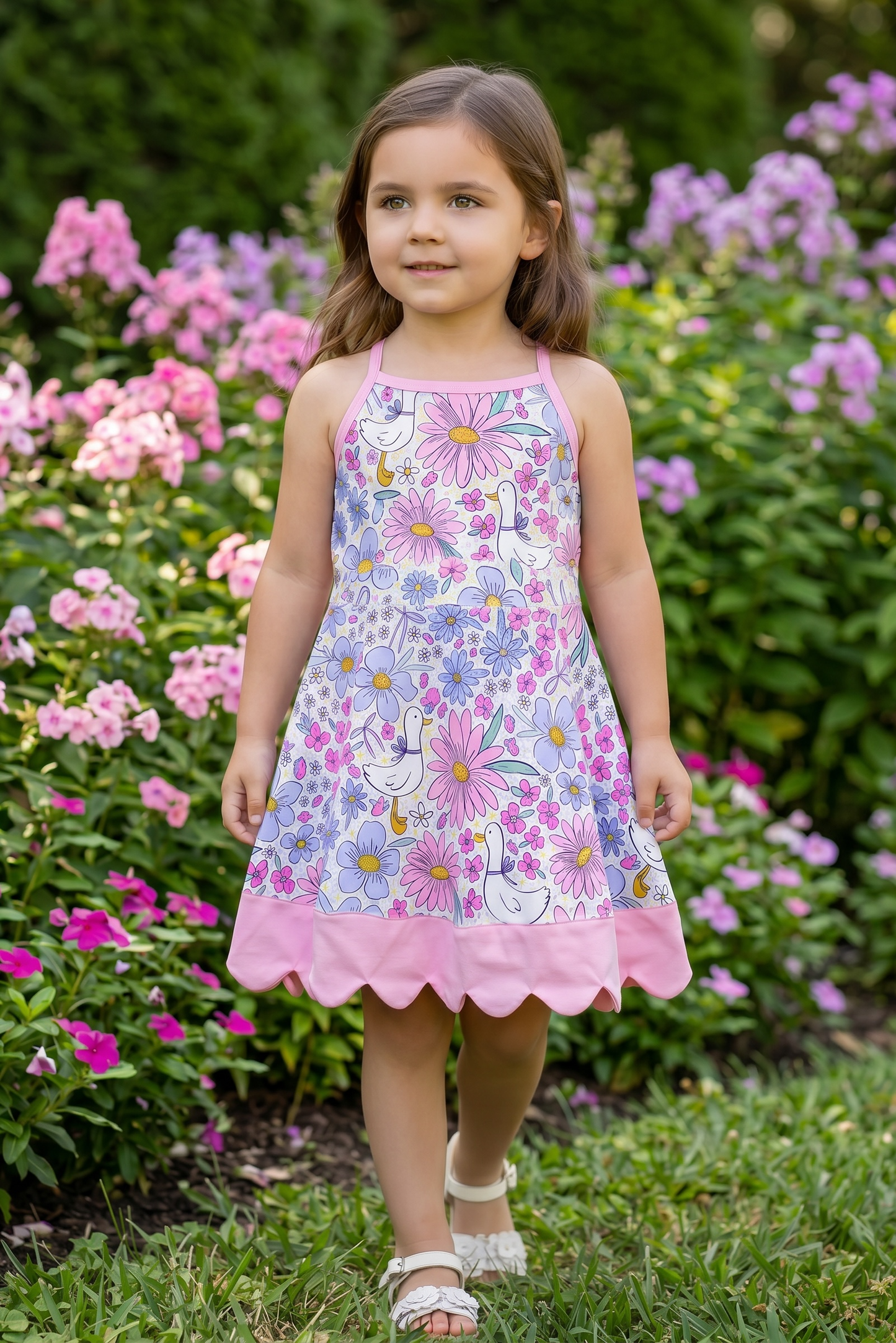 Seagull / floral printed girls dress with pink scallop hem. GSD013016 AMY
