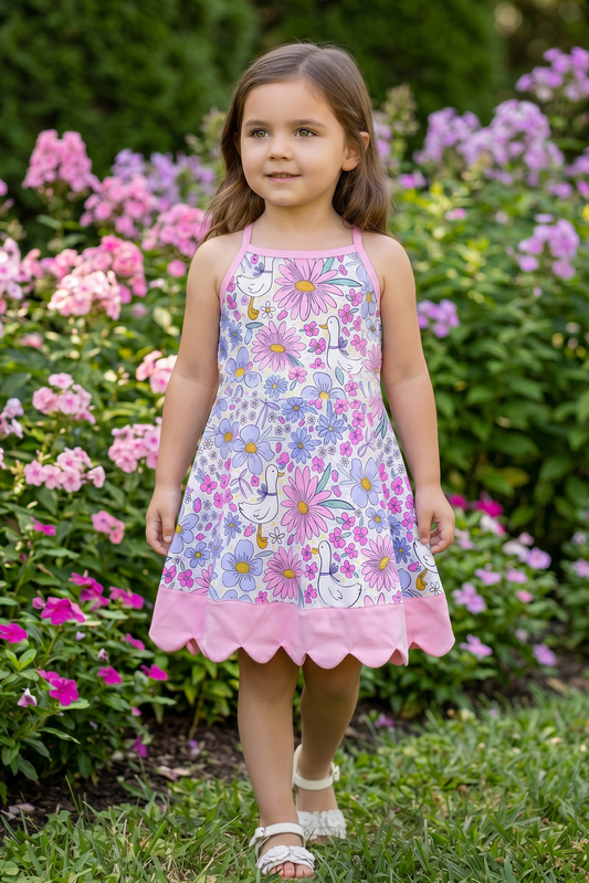 Seagull / floral printed girls dress with pink scallop hem. GSD013016 AMY