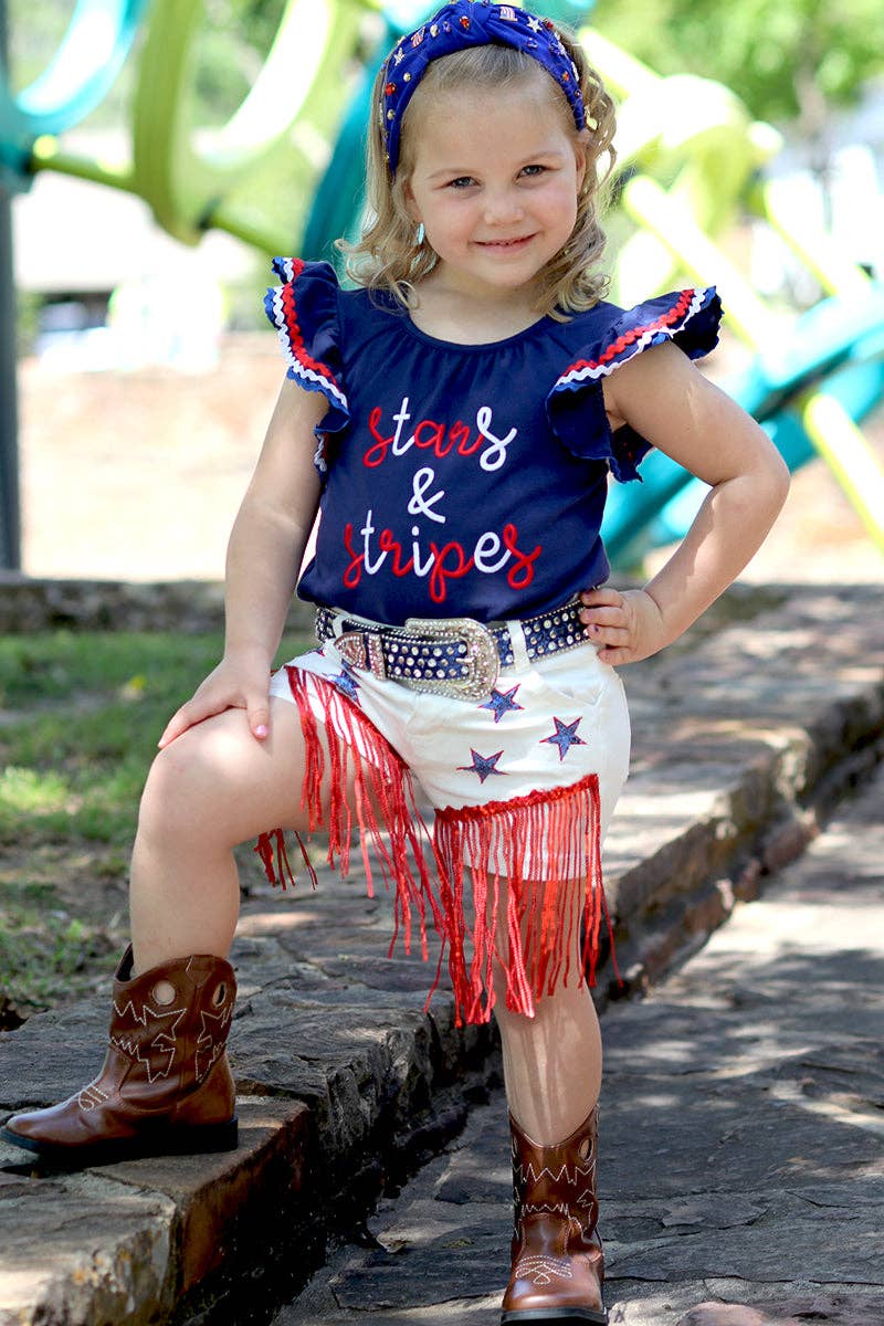 Stars & Stripes patriotic navy blue top & white denim shorts. OFG50593 SOL