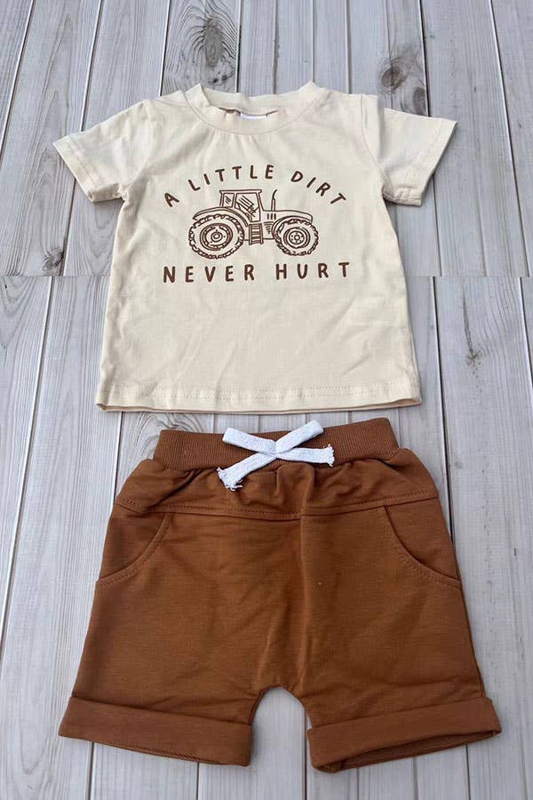 Western tractor cream top shorts boy's boutique set 2601076M