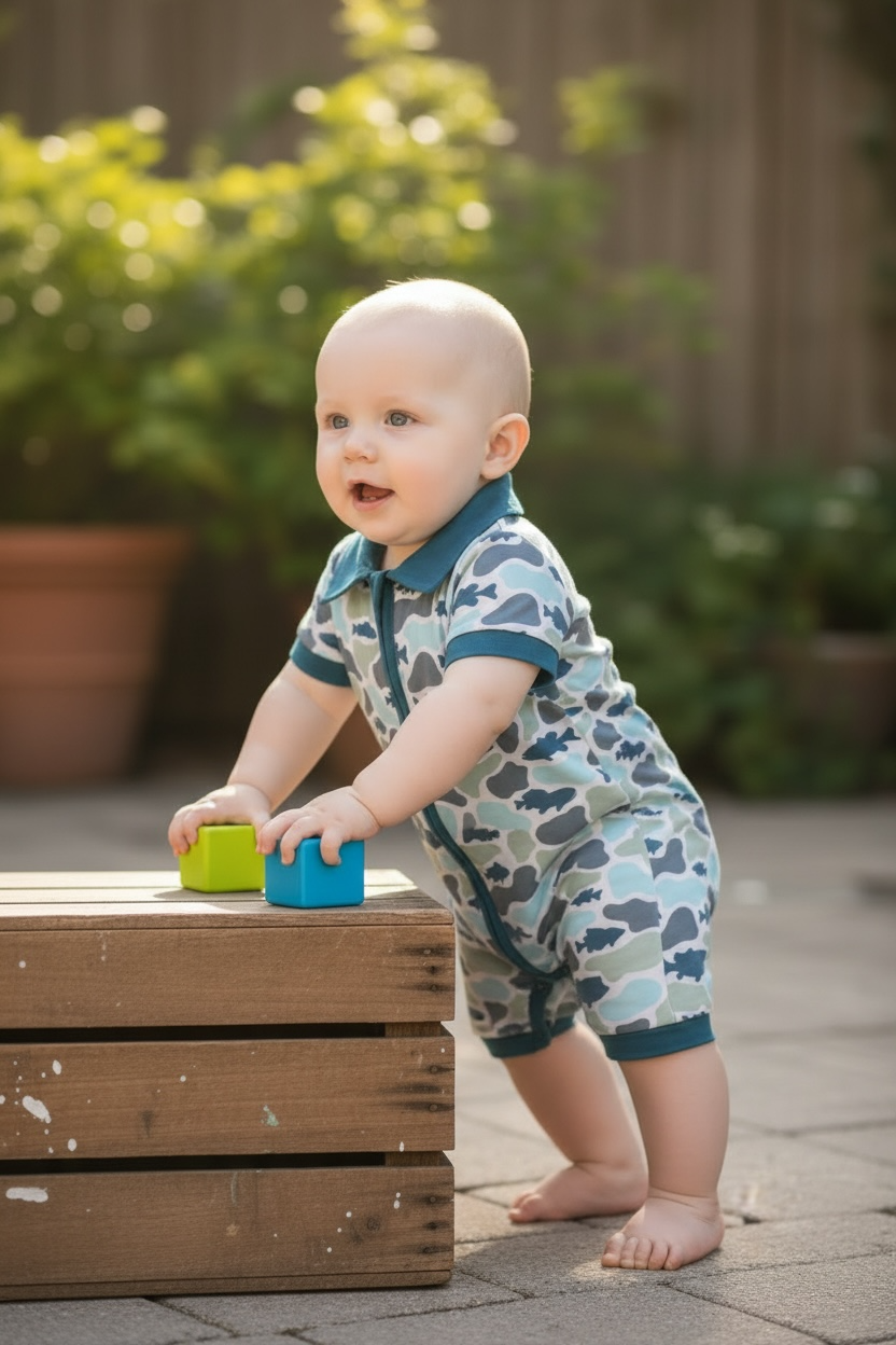 Camouflage printed boys baby romper with snaps. SR110610-AMY
