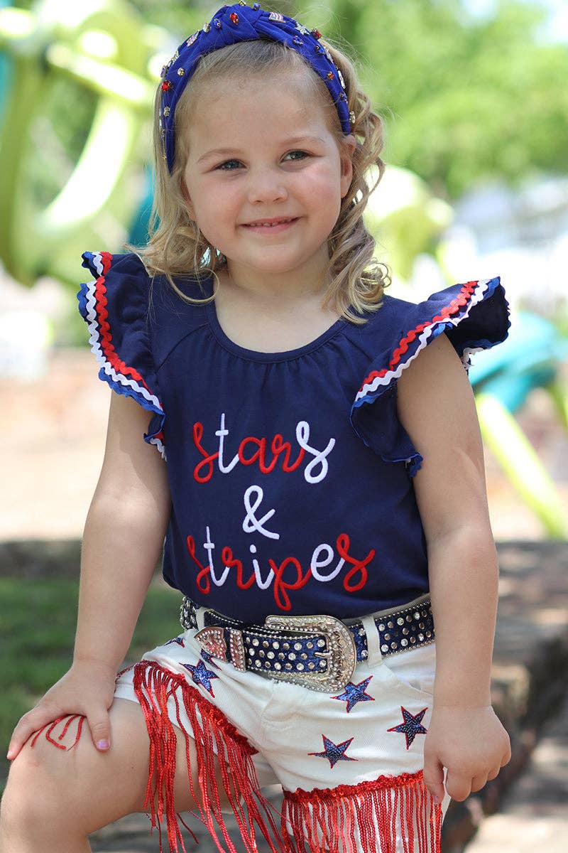 Stars & Stripes patriotic navy blue top & white denim shorts. OFG50593 SOL