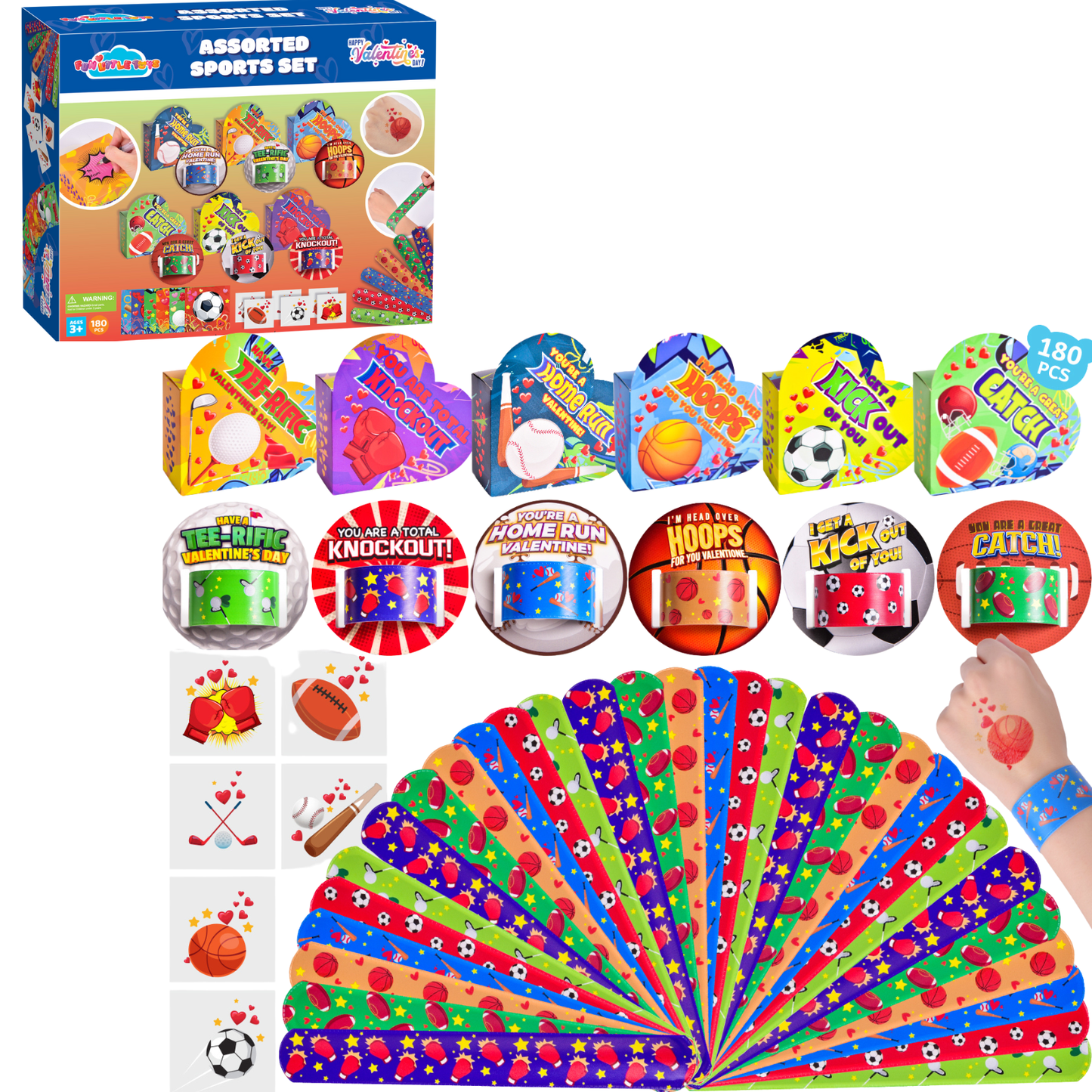 180pcs Sports-Themed Valentine Bracelets & Stickers w/ Cards
