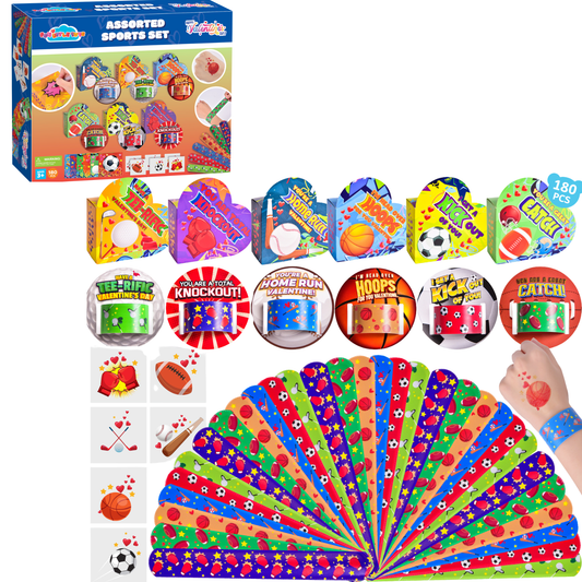 180pcs Sports-Themed Valentine Bracelets & Stickers w/ Cards