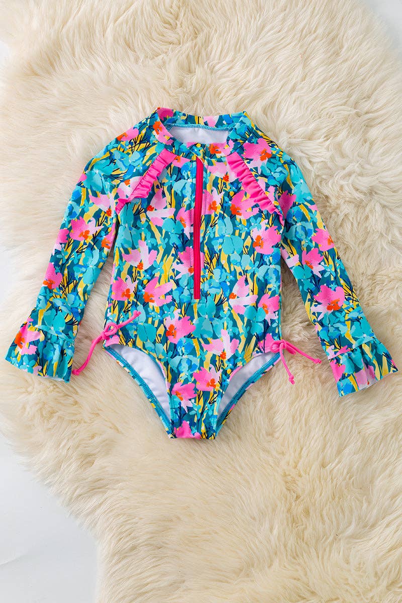 Pink & teal floral printed swimsuit w/front zipper. SWG60114 JEAN