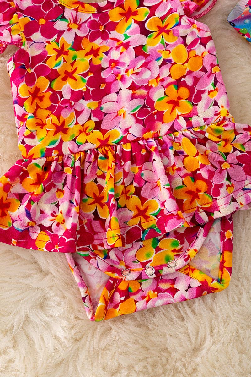 Bamboo made fuchsia & red w/yellow tone floral baby bodysuit