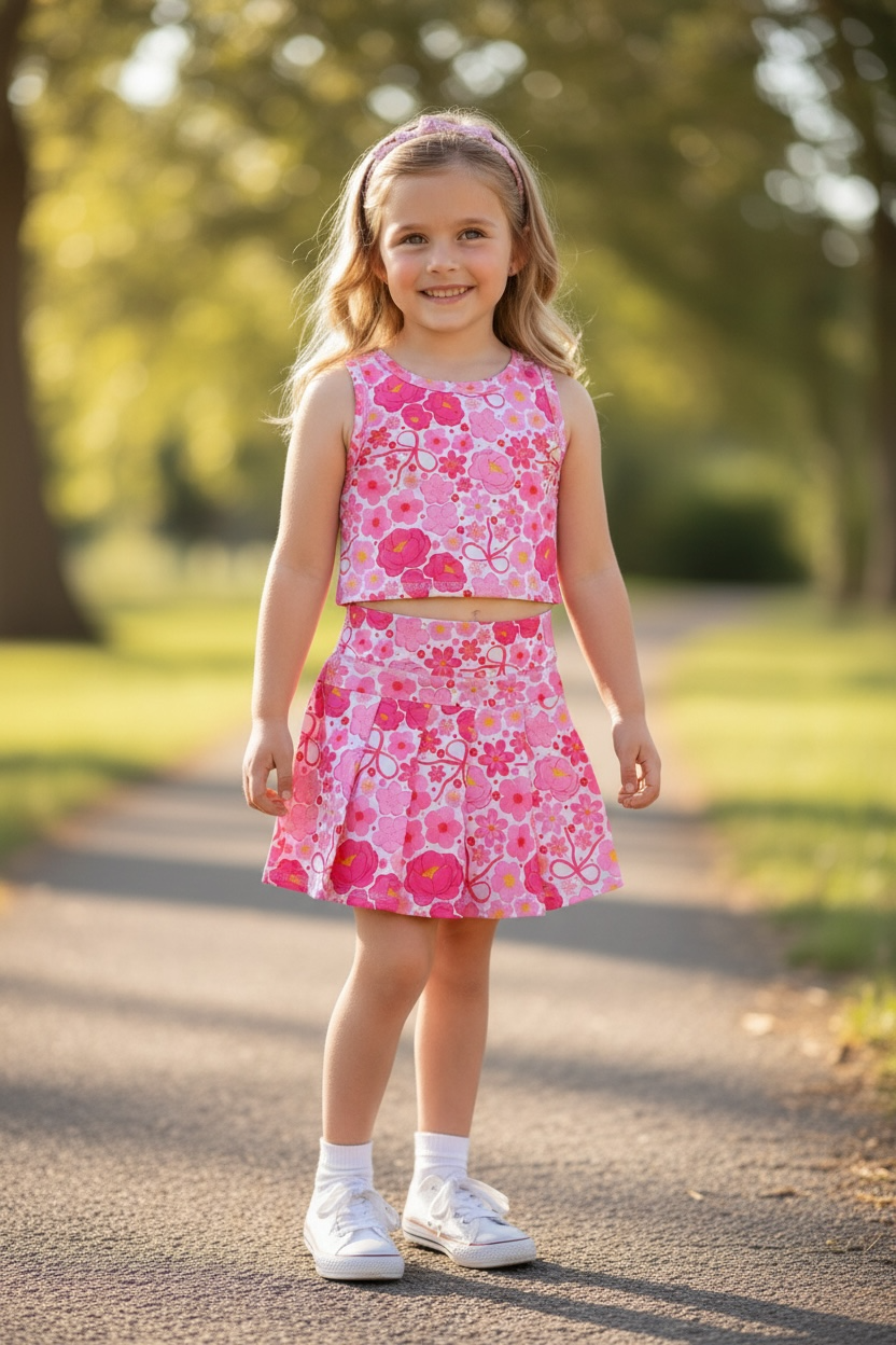 Pink floral printed tank top & skort. GSD100101-JEAN