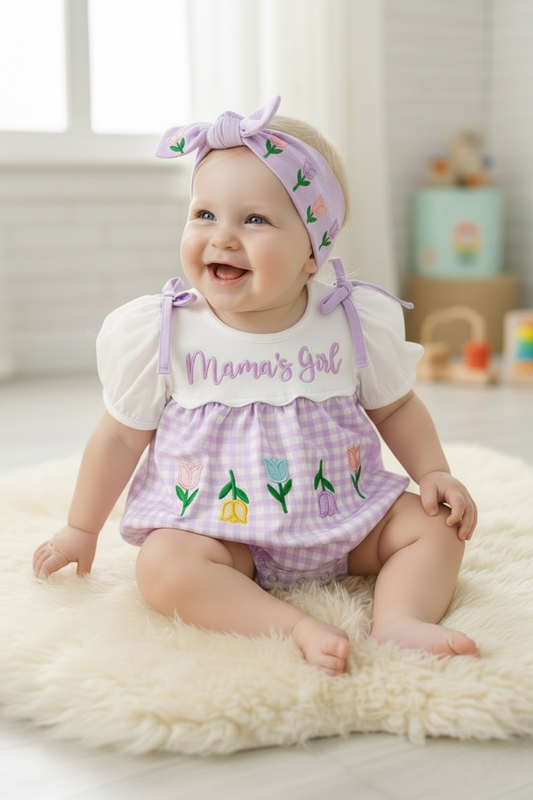 Mama's Girl" & multi-color tulip embroidered baby romper. RPG61172 JEAN