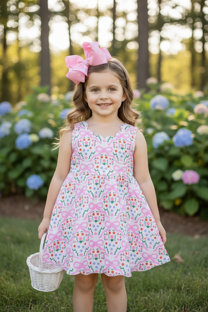 Coquette bow printed dress with scalloped hem & shorts. OFG60137 JEAN