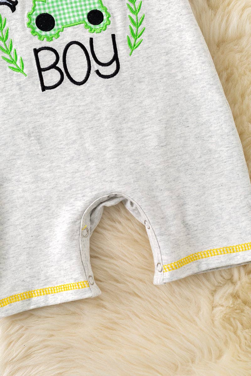 "Farmer Boy" Lt. gray baby romper w/green sleeve. RPB60087 AMY