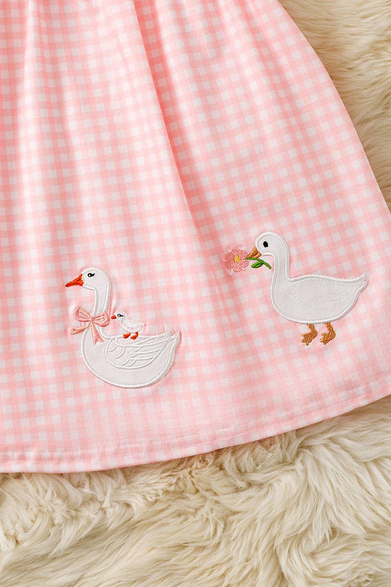 "Mama's Girl" Geese applique on pink gingham printed dress. DRG61562 SOL