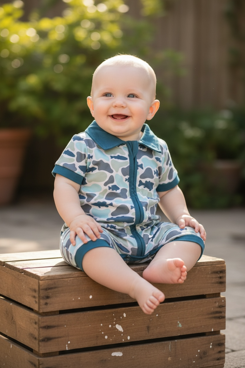 Camouflage printed boys baby romper with snaps. SR110610-AMY