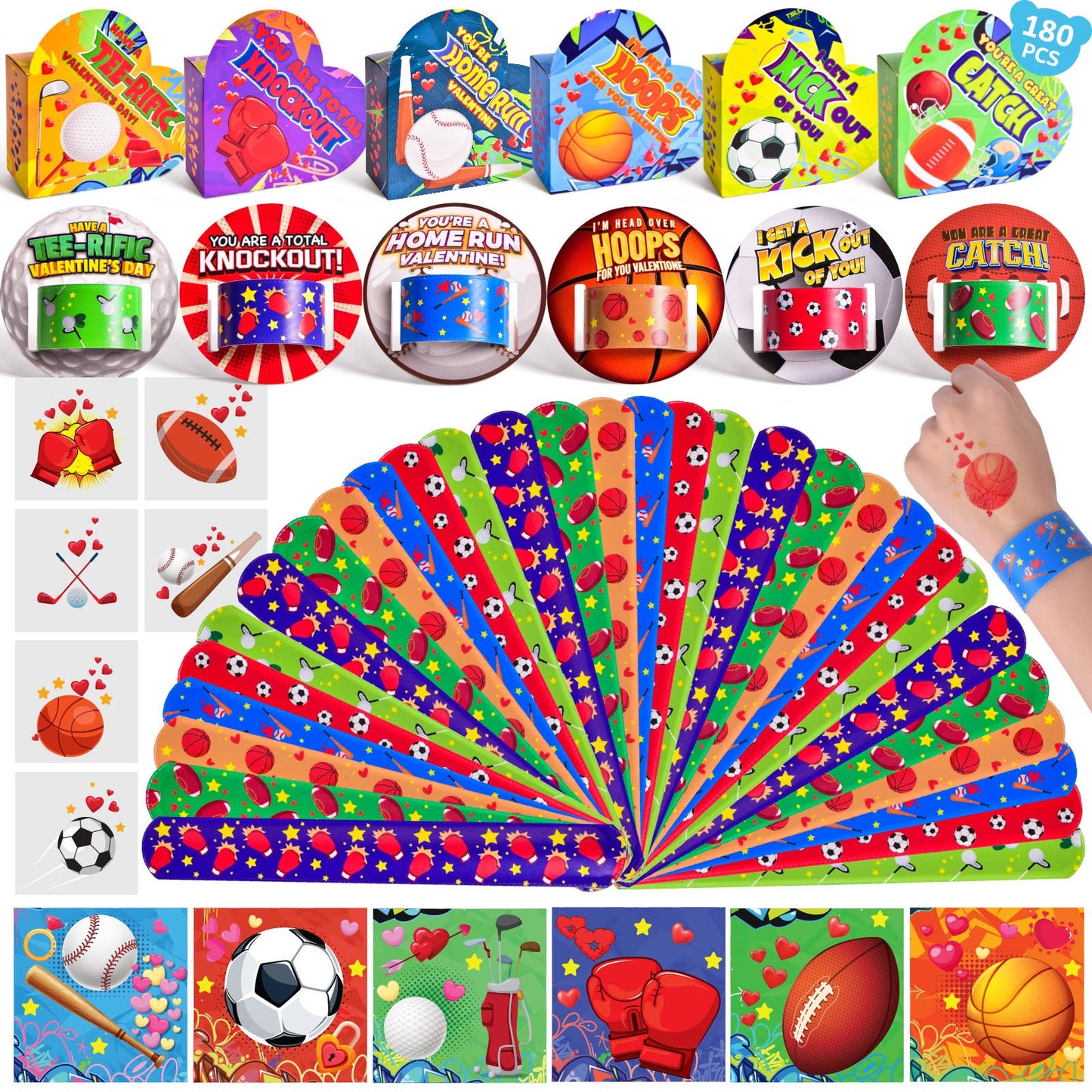 180pcs Sports-Themed Valentine Bracelets & Stickers w/ Cards