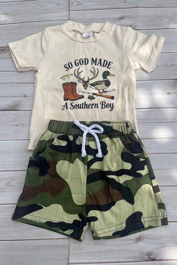 Western top & camo shorts boy's boutique set 2601065M