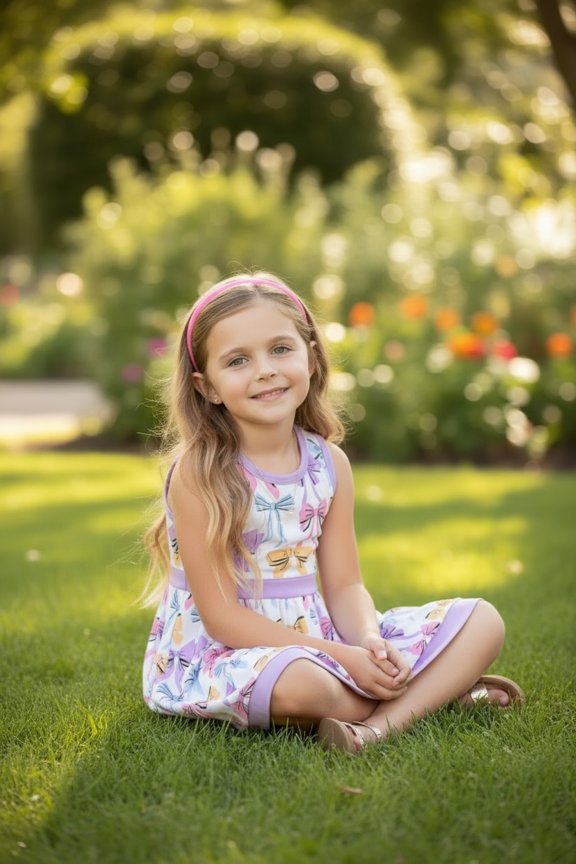 Lilac trim Multi-printed bow dress w/ attached underneath shorts. GSD102306-SOL