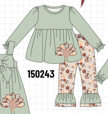Sage Turkey Applique Ruffle Pants Set