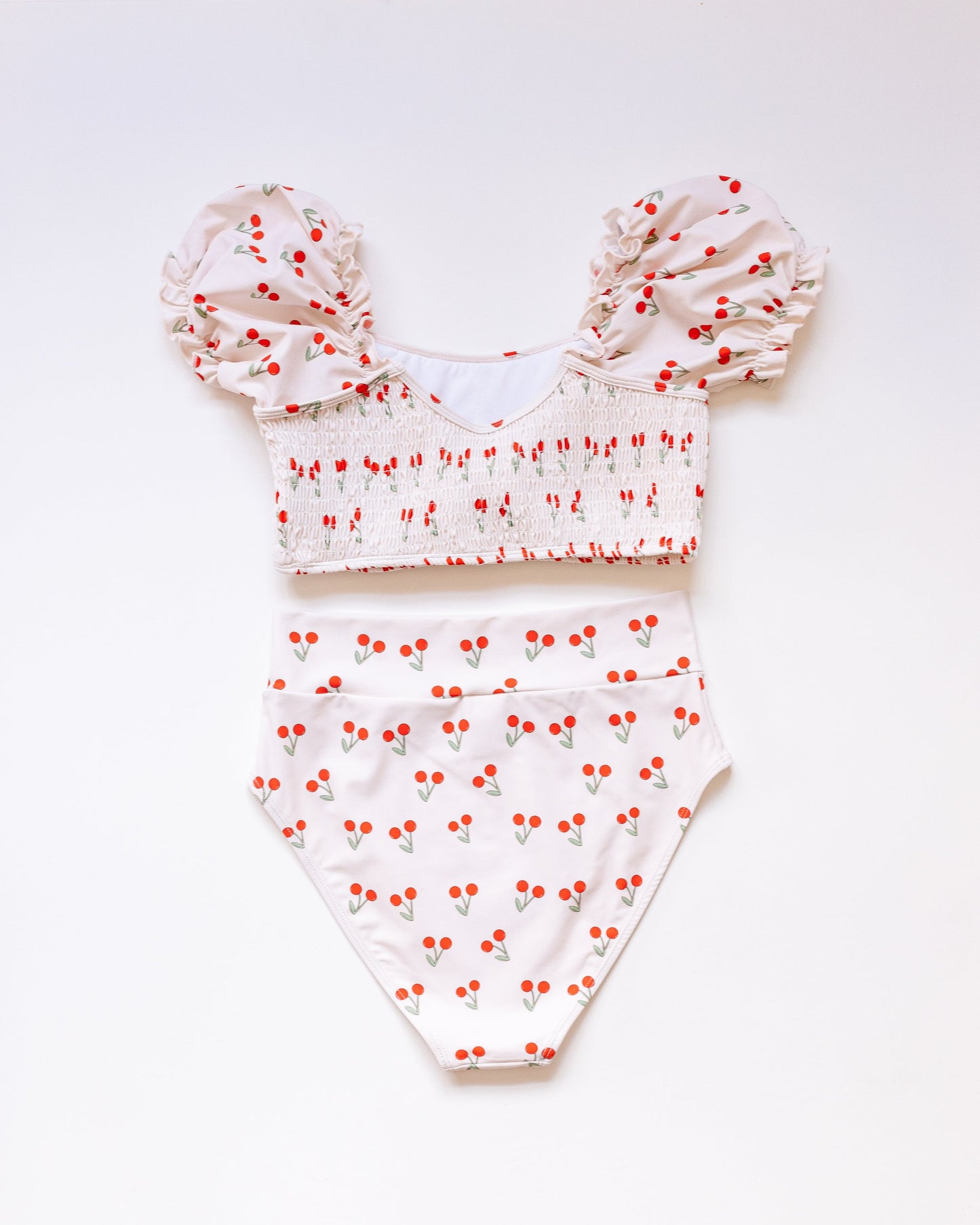 Cherry print smocked bikini 2pc women swimsuit